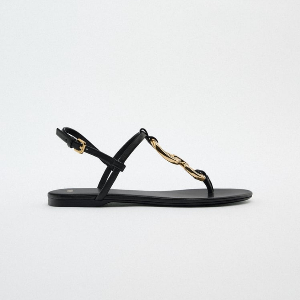 Zara * Gold Detail Leather Low Heeled Open Toe Flat Sandals Black Size 8 / 39 - Picture 3 of 6